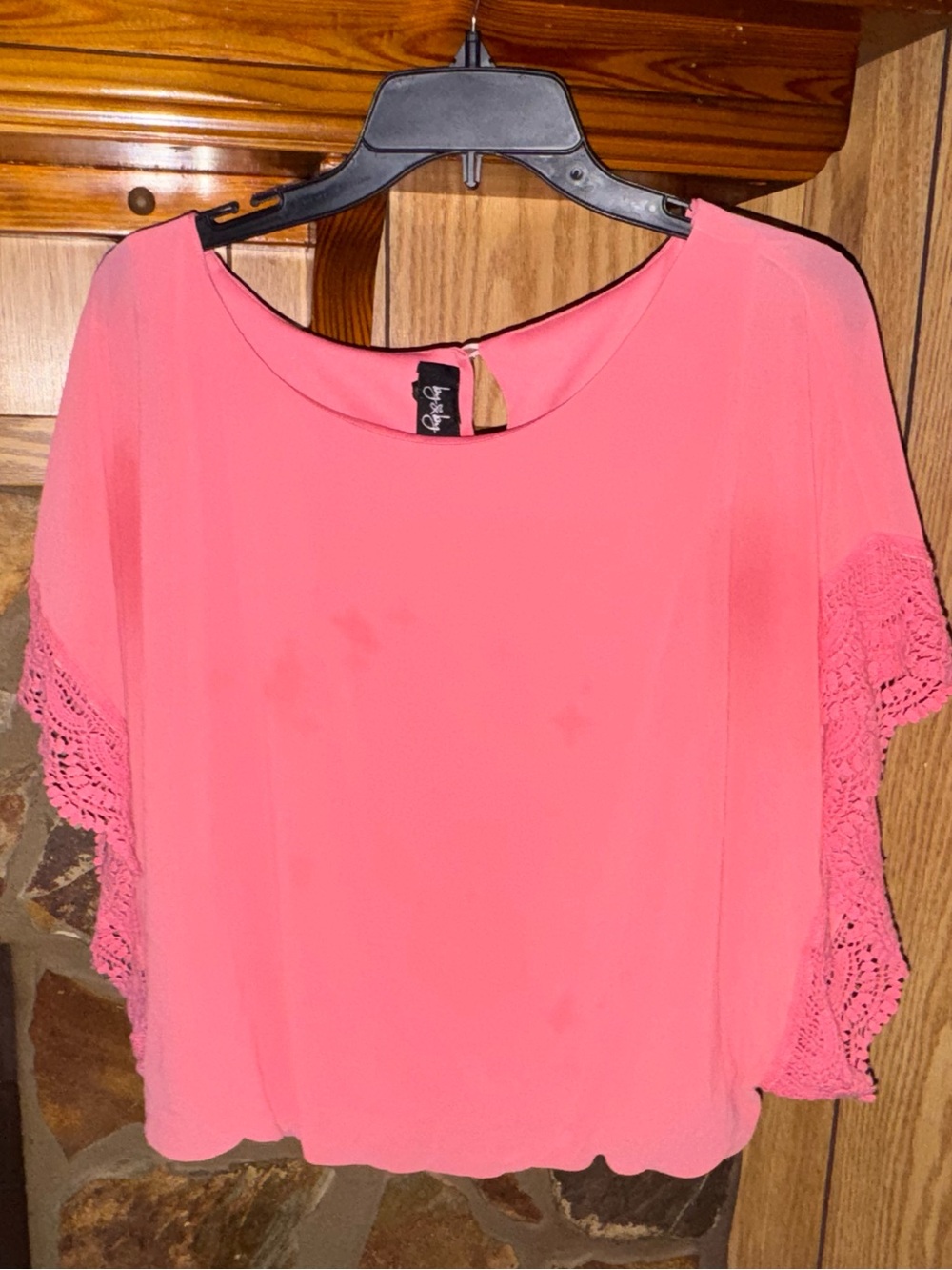 by & by Vintage Coral Pink Crochet-Sleeve Blouse